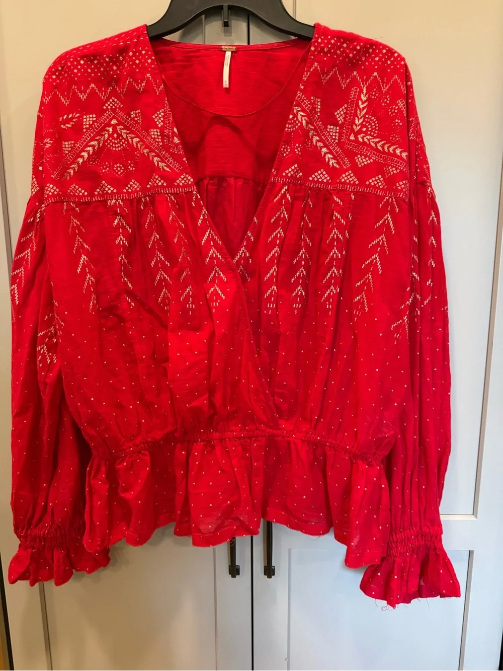 Free People Red Embellished V-Neck Peasant Blouse